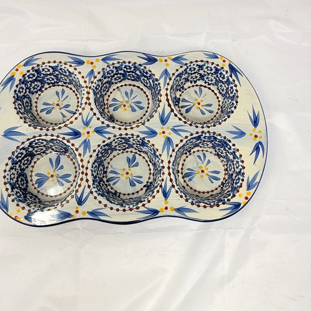 Temp-tations Old World Blue Floral Ceramic 6 Cup Muffin Pan